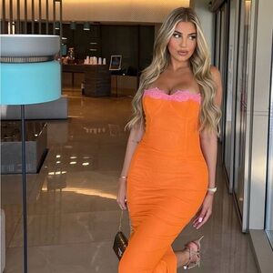 Orange Bodycon Dress with Pink Lace Trim - Women